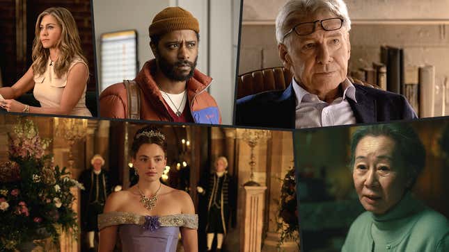 Clockwise from bottom left: Kristine Froseth in The Buccaneers, Jennifer Aniston in The Morning Show, LaKeith Stanfield in The Changeling, Harrison Ford in Shrinking, Youn Yuh-jung in Pachinko (Photos: Apple TV+)