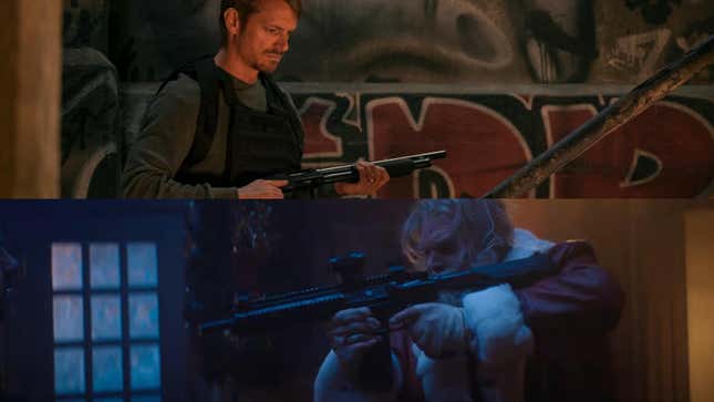 Top: Joel Kinnaman in Silent Night (Carlos Latapi, Lionsgate). Bottom: David Harbour in Violent Night (YouTube)
