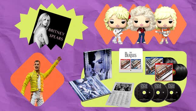 Clockwise from bottom left: Freddie Mercury action figure (NECO), The Woman In Me by Britney Spears (Gallery Books), Dolly Parton Funko pop (Funko), The Beatles 1962-1966 &amp; 1967-1970 (Capitol Records)